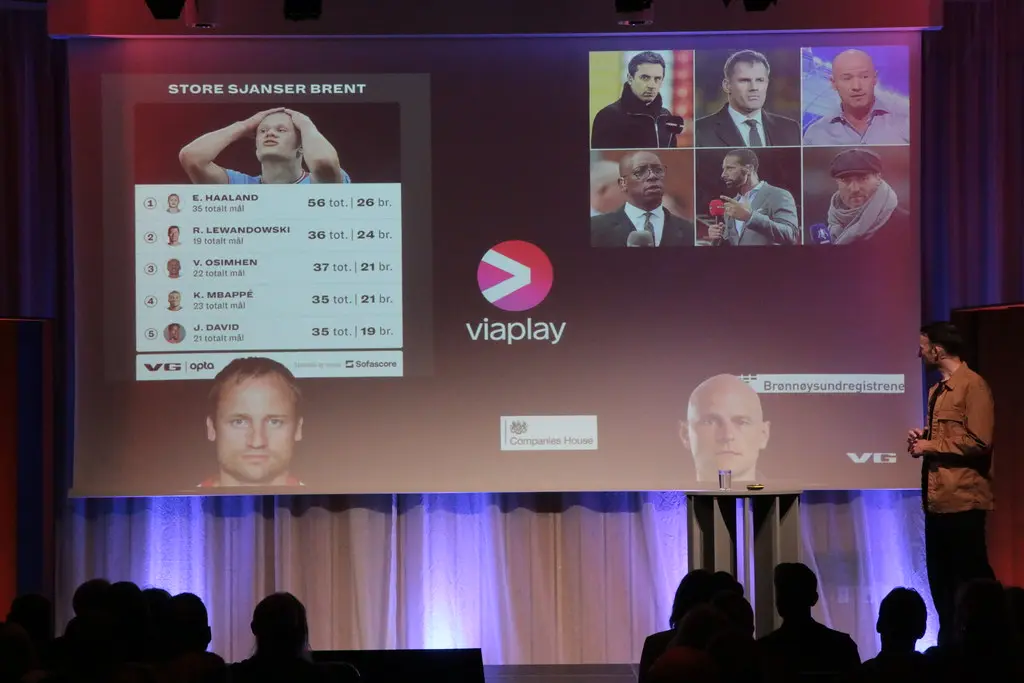 Um slide de apresentação com estatísticas de futebol exibindo a imagem e o nome de Erling Haaland.